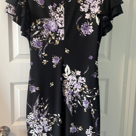 Lauren black dark floral cinched dress SZ 14 black wrap style ruffle career - Picture 10 of 14